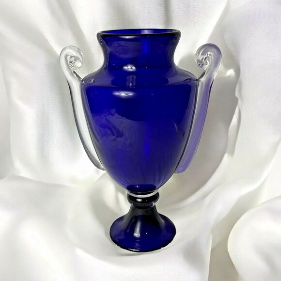 Vintage Cobalt Blue Glass Trophy Vase with Clear Handles 13" - Picture 1 of 10